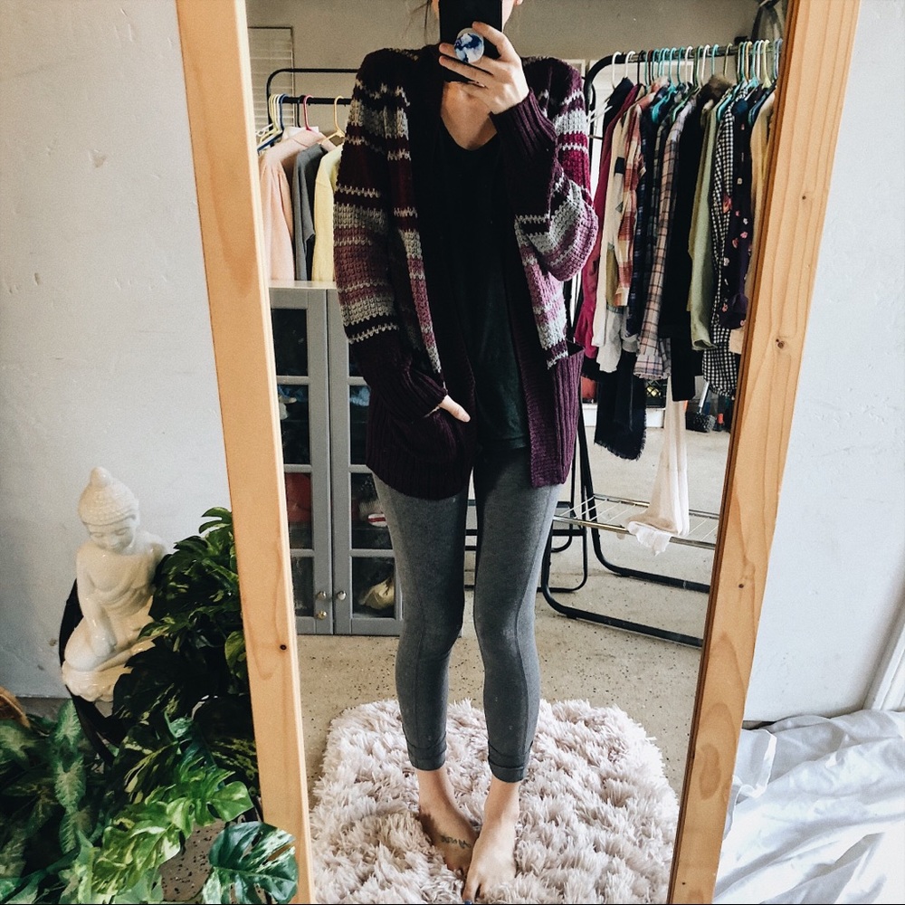 Purple Striped Chunky Cable Knit Cardigan Boho